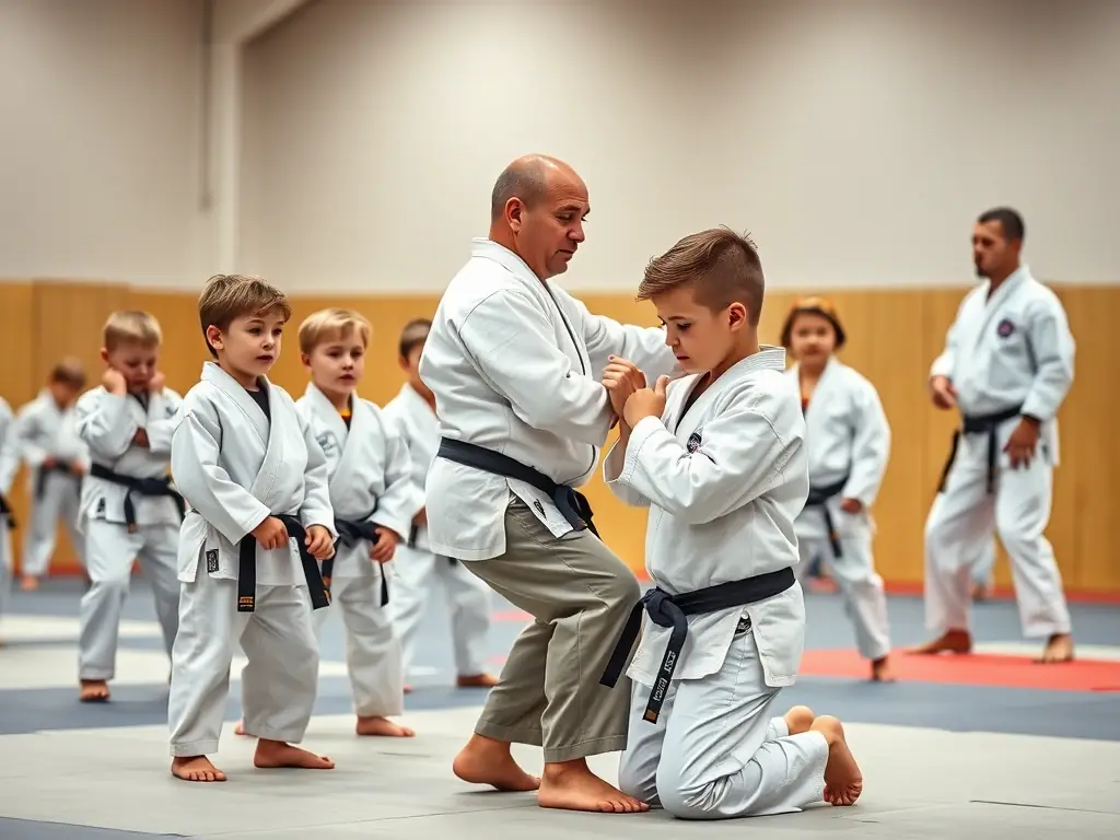 A group of beginners practicing judo techniques on mats with an instructor guiding them, showcasing the supportive environment of the beginner classes at JUDO CLUB TROYEN.