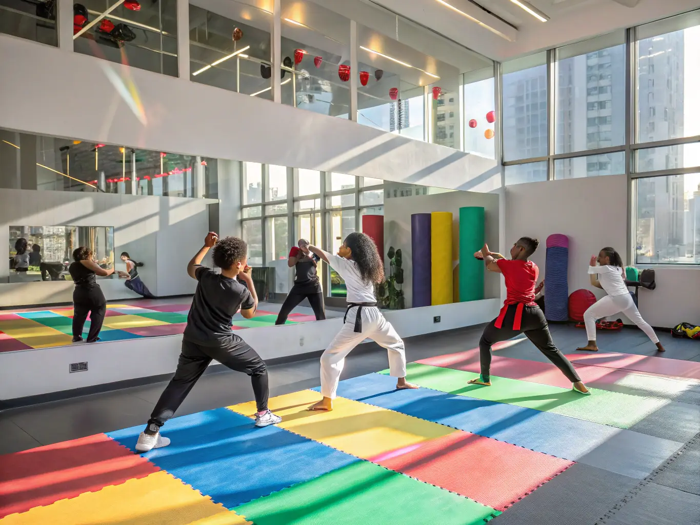 A diverse group of people practicing judo techniques in a relaxed setting, emphasizing the fun and inclusive nature of the recreational judo and fitness program at JUDO CLUB TROYEN.